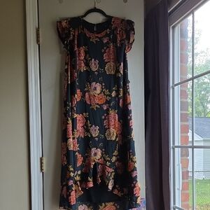 Floral High-Low Dress in Black and Pink